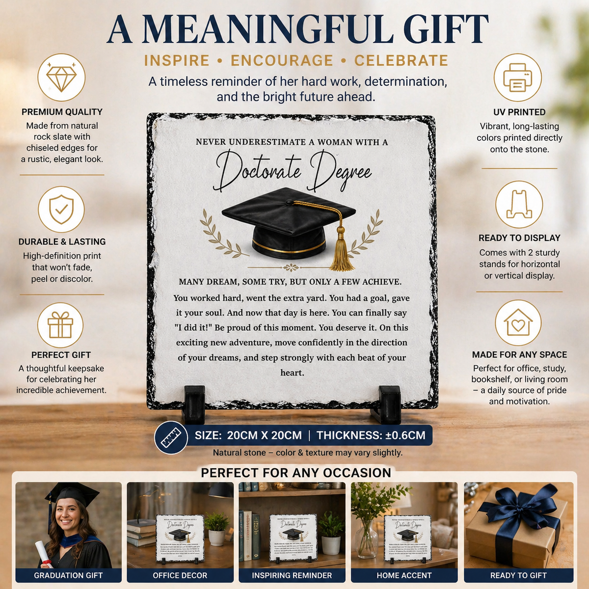 Doctorate Degree Graduation Rock Slate Plaque – Inspirational PhD Milestone Gift