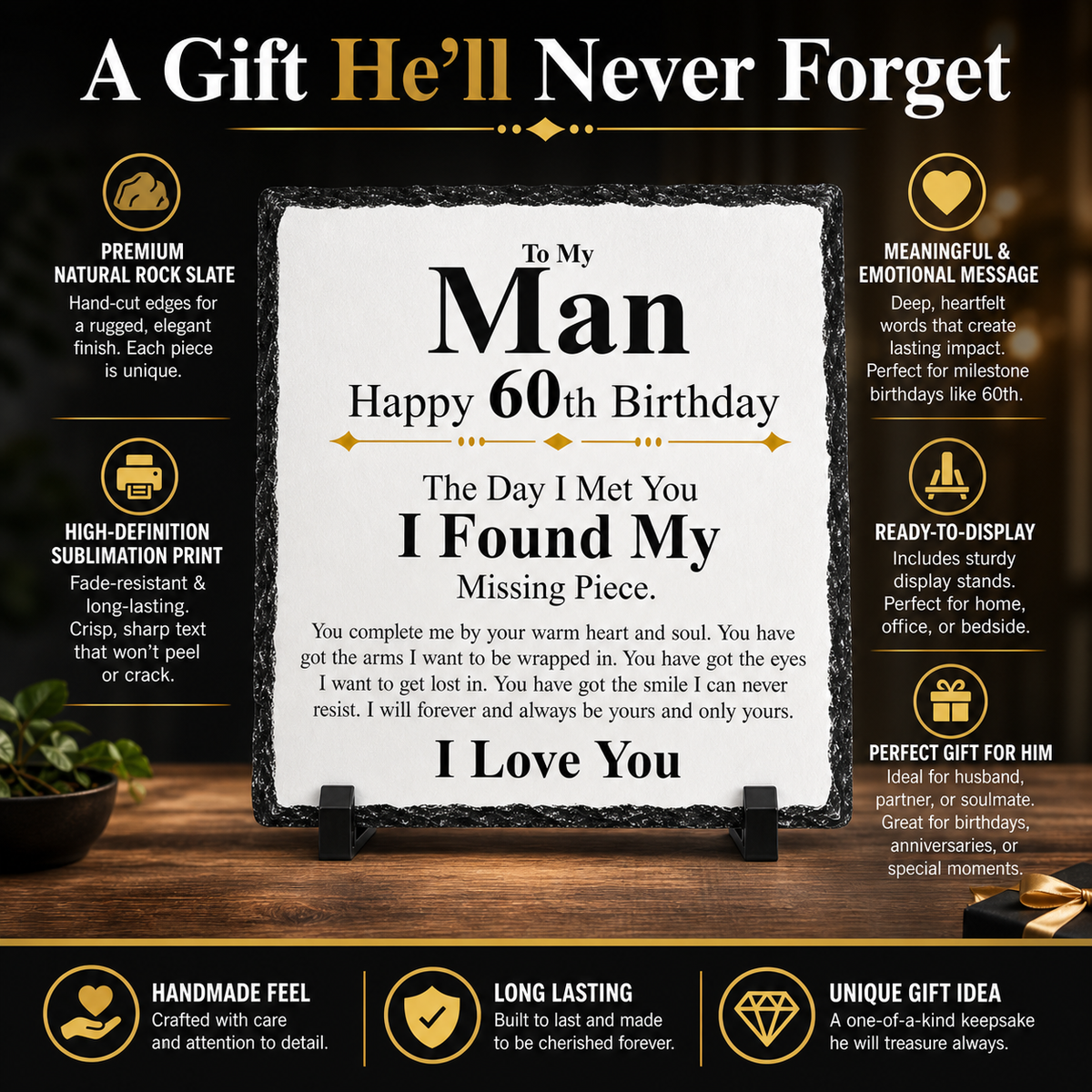 60th Birthday Gift for Husband or Boyfriend – To My Man Rock Slate Plaque | Romantic Keepsake for Him, Birthday Gift from Wife or Girlfriend (20x20cm)