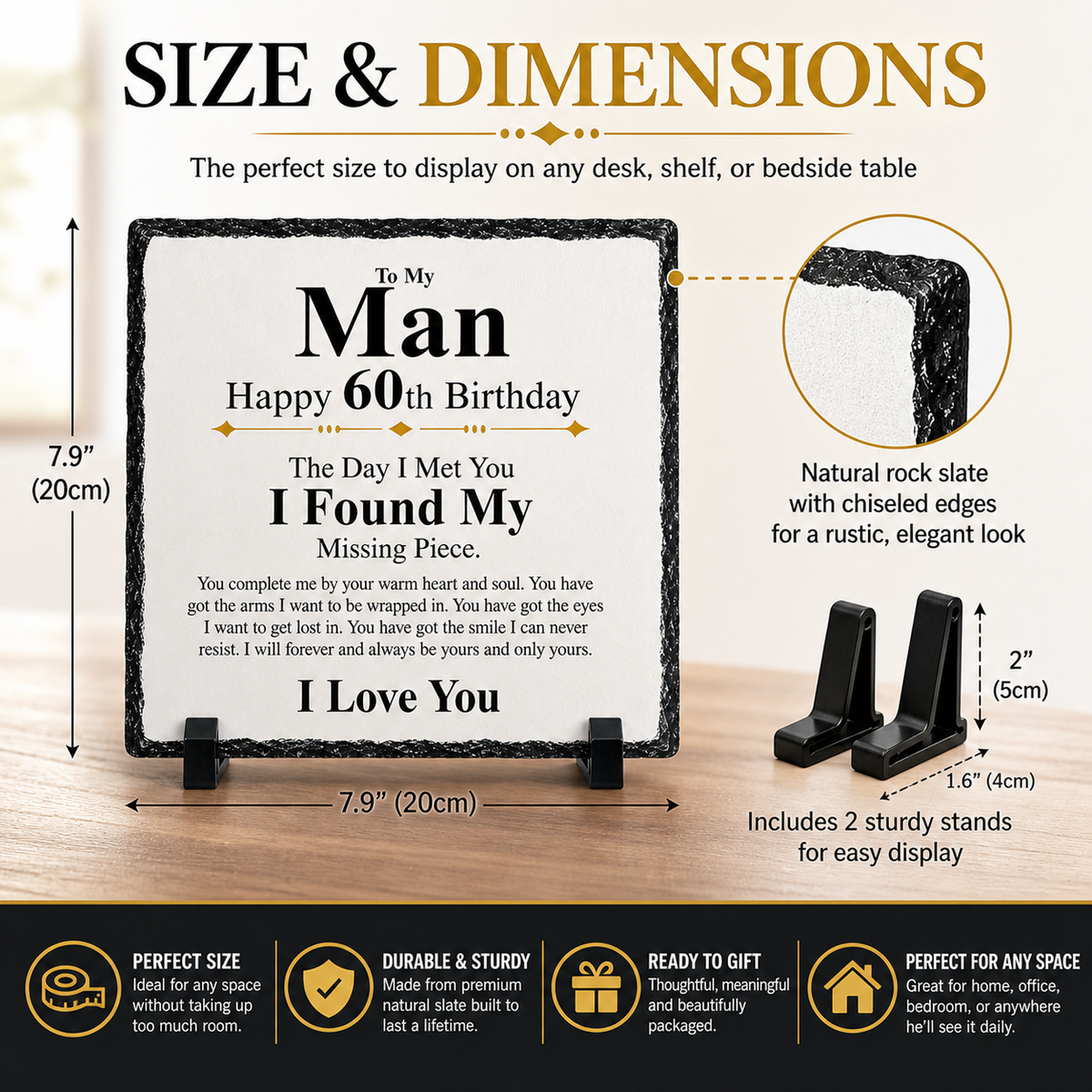 60th Birthday Gift for Husband or Boyfriend – To My Man Rock Slate Plaque | Romantic Keepsake for Him, Birthday Gift from Wife or Girlfriend (20x20cm)