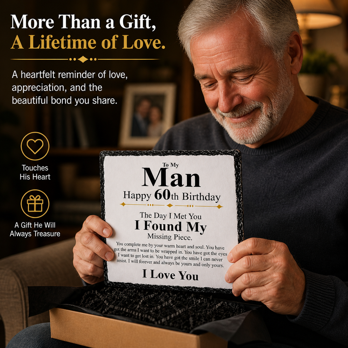60th Birthday Gift for Husband or Boyfriend – To My Man Rock Slate Plaque | Romantic Keepsake for Him, Birthday Gift from Wife or Girlfriend (20x20cm)