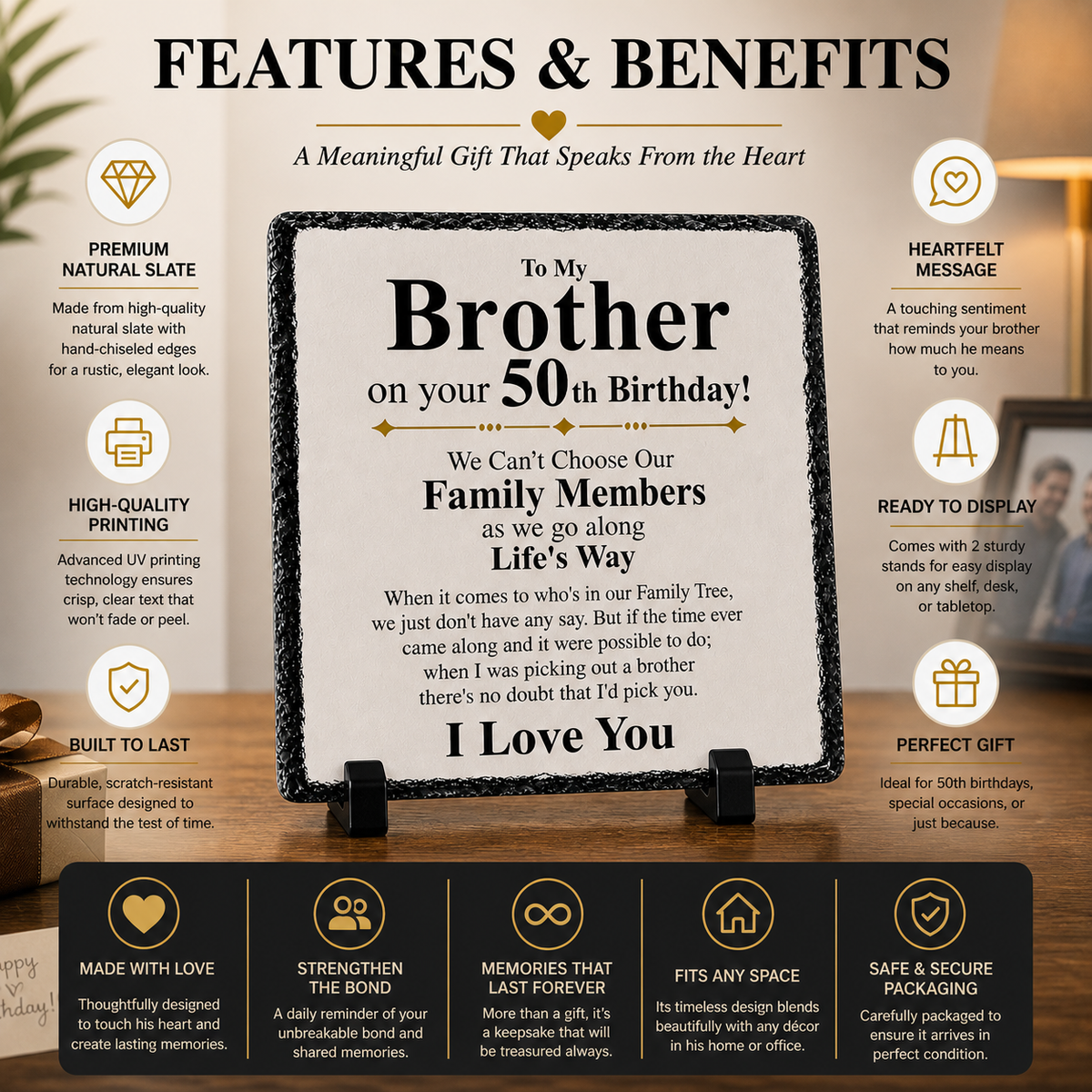 To My Brother 50th Birthday Rock Slate Gift – Sentimental Brother Gift Plaque – Luxury Stone Keepsake from Sister or Family – Meaningful 50th Birthday Present