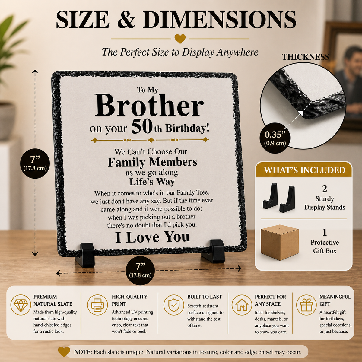 To My Brother 50th Birthday Rock Slate Gift – Sentimental Brother Gift Plaque – Luxury Stone Keepsake from Sister or Family – Meaningful 50th Birthday Present