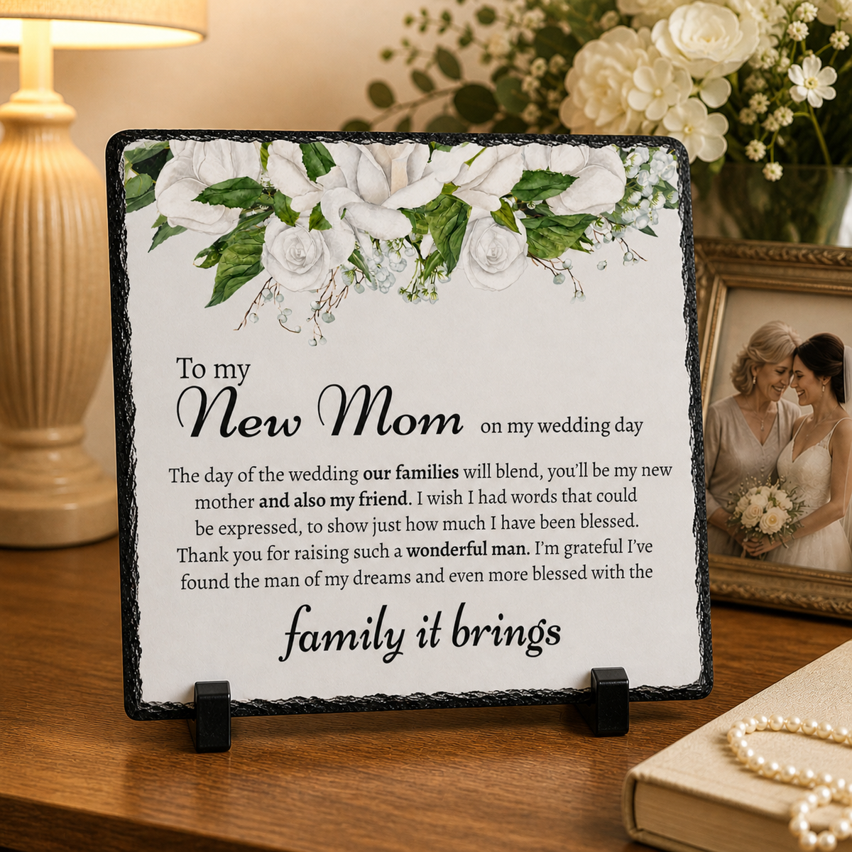 Wedding Gift for Mother-in-Law  – Luxury Wedding Keepsake Rock Slate Plaque | From Bride on Wedding Day, Thank You Gift for Mother-in-Law (20x20cm)