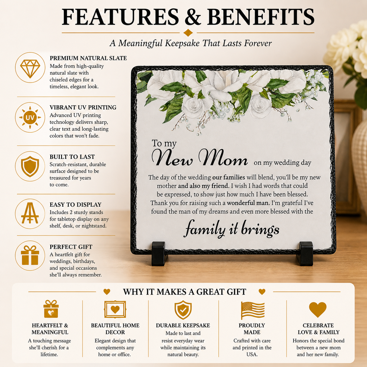 Wedding Gift for Mother-in-Law  – Luxury Wedding Keepsake Rock Slate Plaque | From Bride on Wedding Day, Thank You Gift for Mother-in-Law (20x20cm)