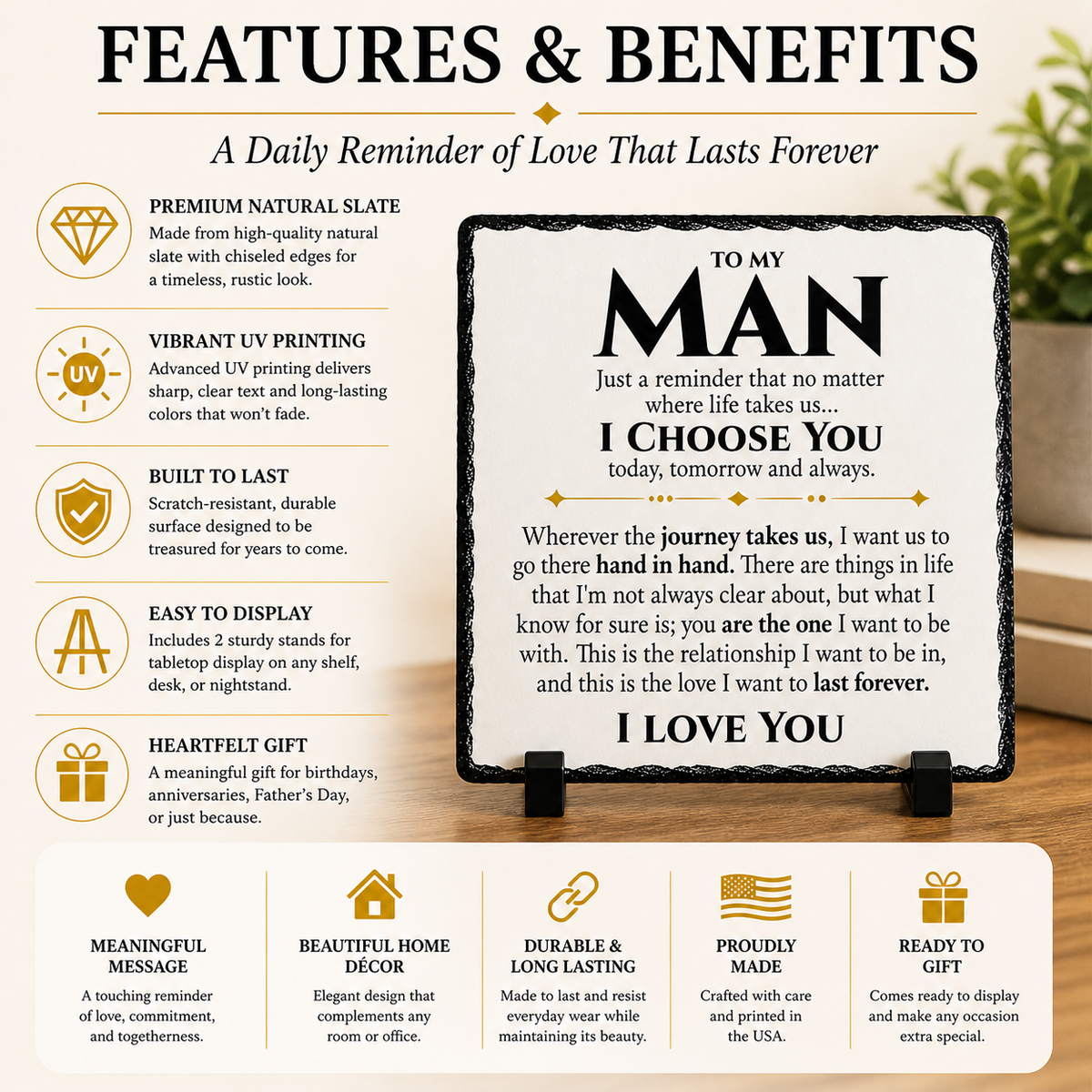 Romantic Gift for Boyfriend or Husband – To My Man Rock Slate Plaque | I Choose You Love Keepsake, Anniversary or Birthday Gift for Him (20x20cm)