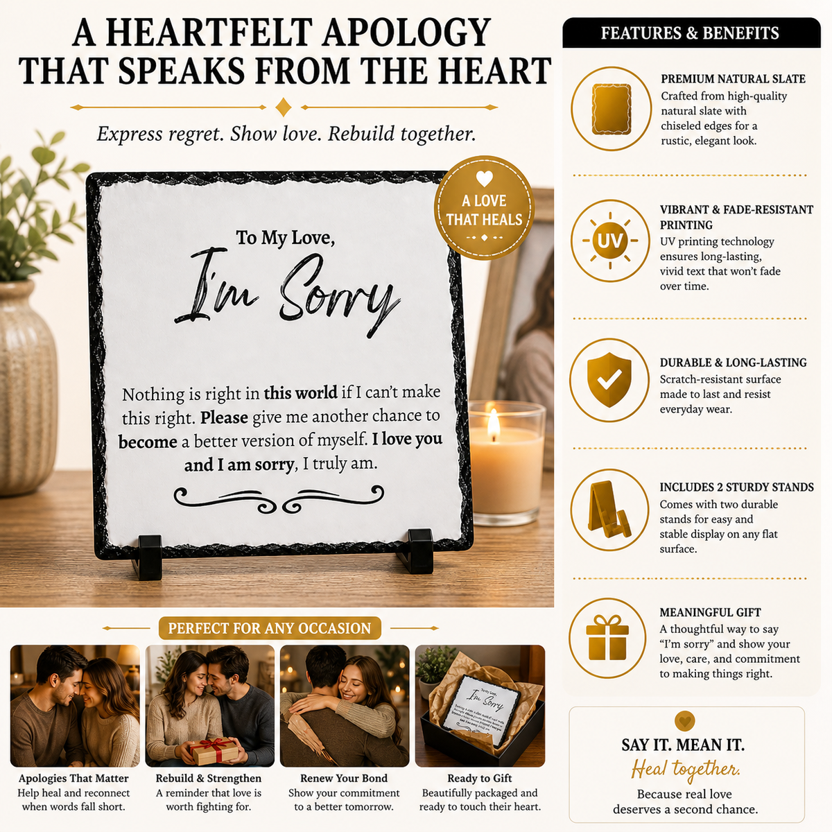 Romantic Apology Gift for Him or Her – “I’m Sorry My Love” Rock Slate Plaque | Love Apology Gift, Relationship Repair Keepsake, I’m Sorry Gift (20x20cm)